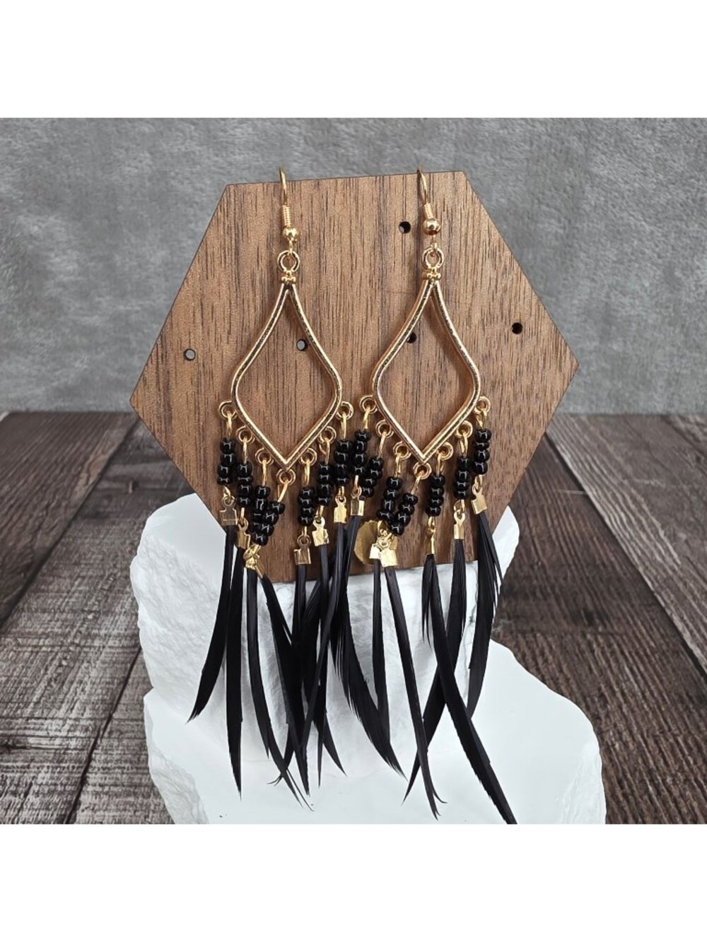 Fashion Earrings Gold Tone Black Feathers Beaded Chandelier Boho Southwestern